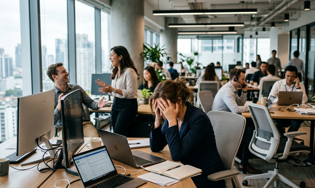 salariée stressée par le bruit en open space avec collègues en arrière-plan