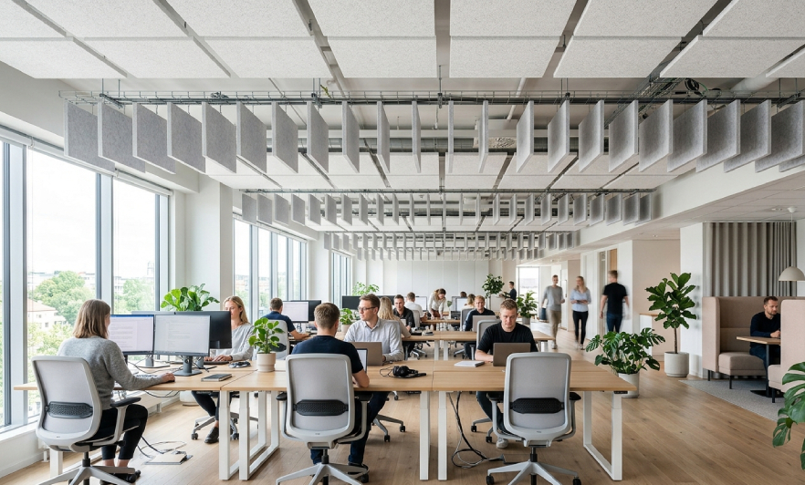 faux plafond acoustique avec dalles en laine minérale et baffles suspendus dans un open space de bureau