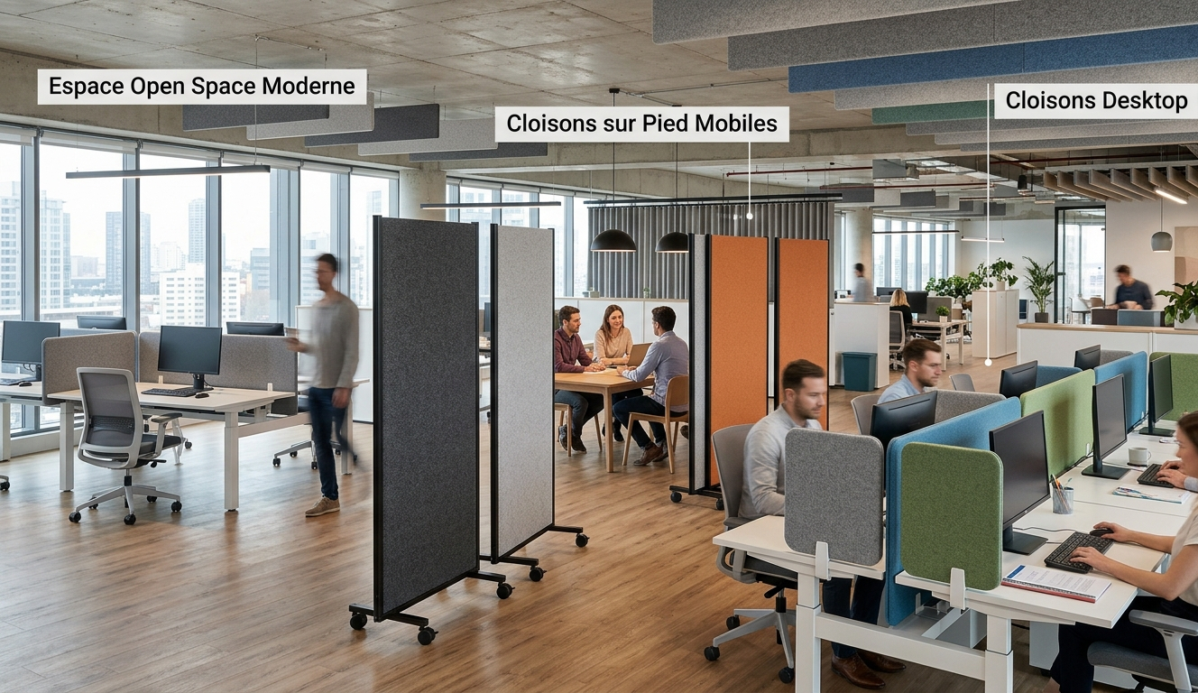 différents types de cloisons acoustiques bureau desktop sur pied et modulaires avec exemples