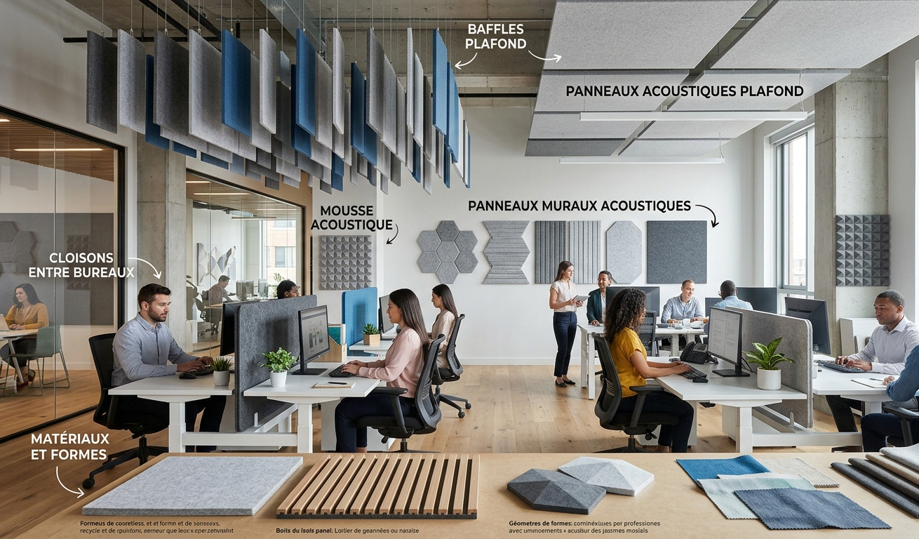 différents types de panneaux acoustiques bureau plafond mur mousse et cloisons avec exemples